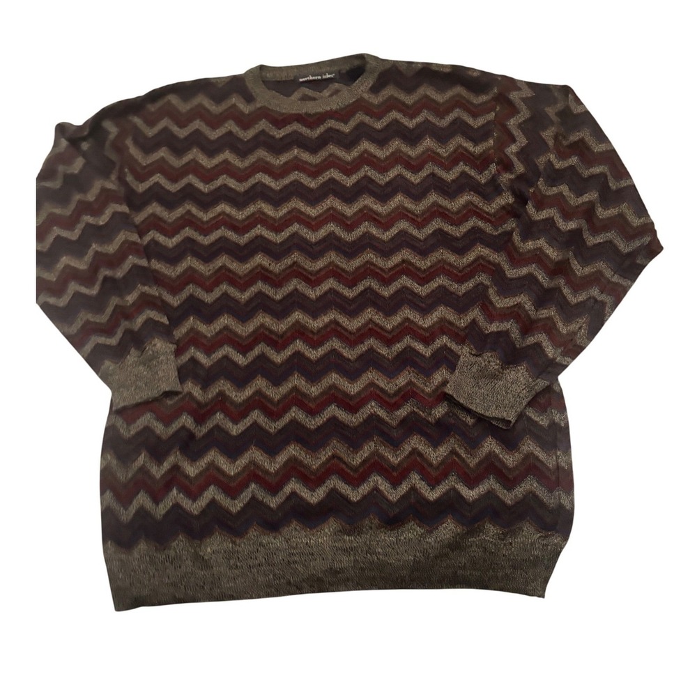 Northern Isles Mens Chevron Zigzag Knit Sweater Brown Burgundy Navy Large L